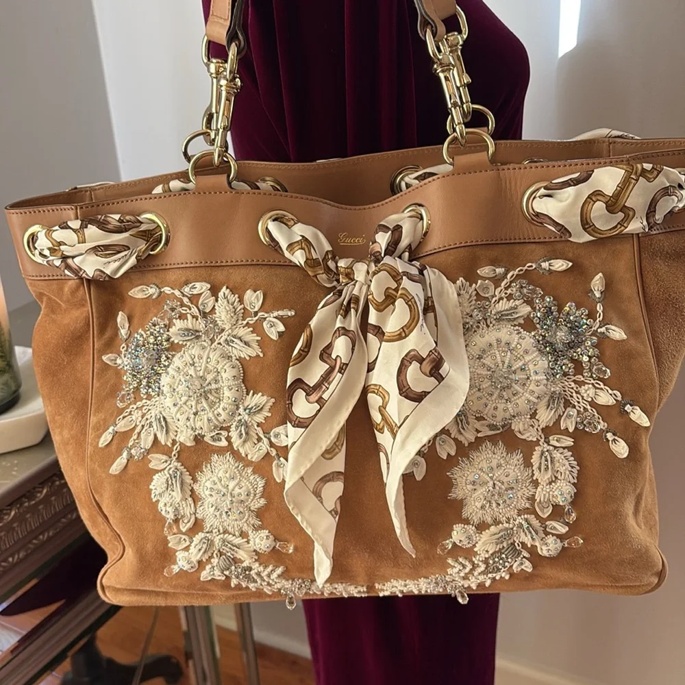 GUCCI POSITANO Leather Suede Tan Brown White Silver Gold Beaded Bag Rare Luxury - Picture 3 of 14